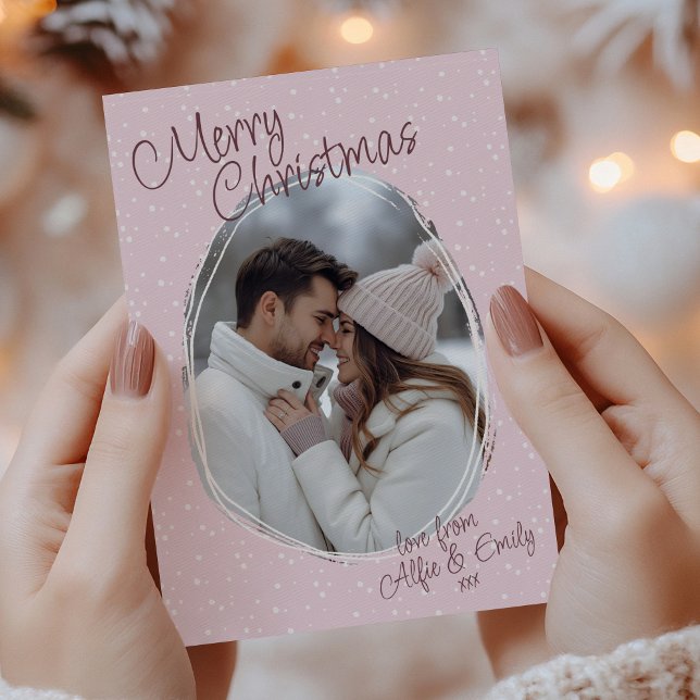 Romantic Pink Handwritten Photo Merry Christmas Holiday Card (Romantic pink handwritten Merry Christmas photo card from couple)