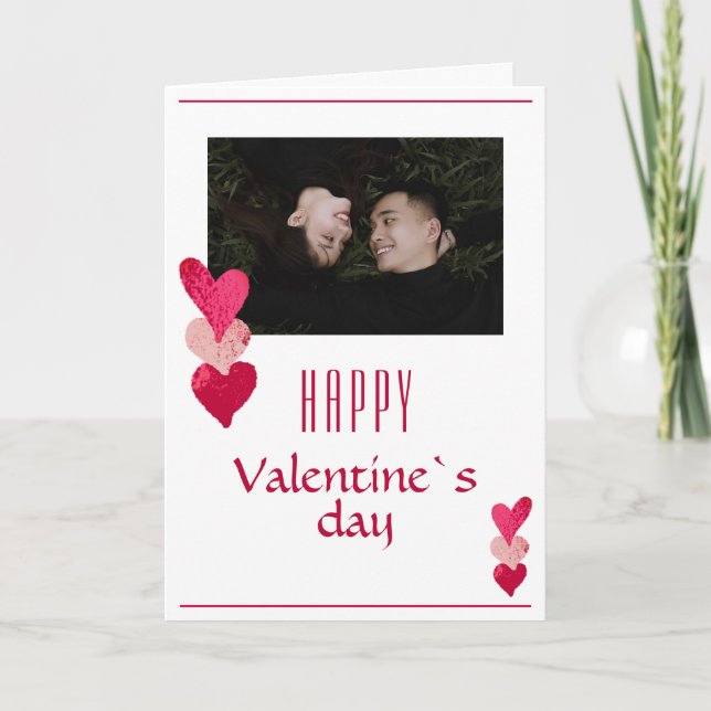 Romantic Pink Heart Couple Photo Valentine`s Day Holiday Card (Front)