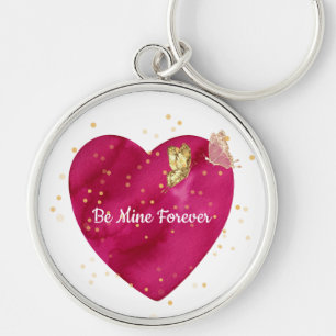 Romantic Pink Heart & Gold Butterfly Key Ring