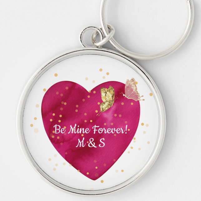 Romantic Pink Heart & Gold Butterfly  Key Ring (Front)