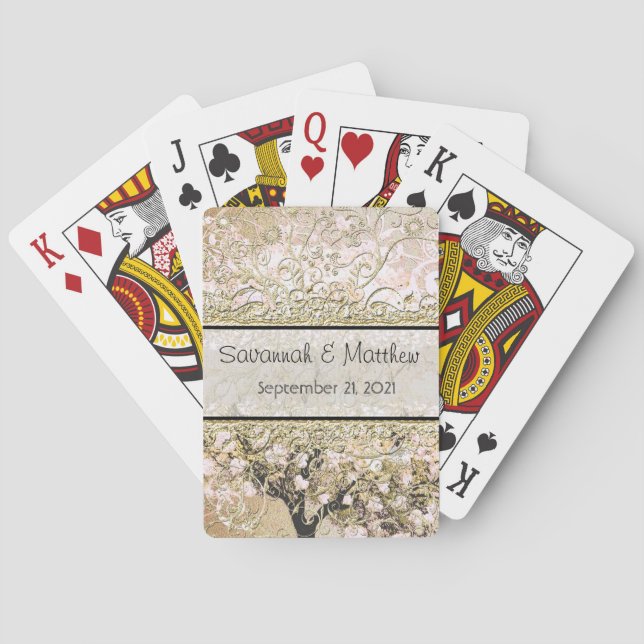 Romantic Pink Heart Leaf Tree Wedding Playing Cards (Back)