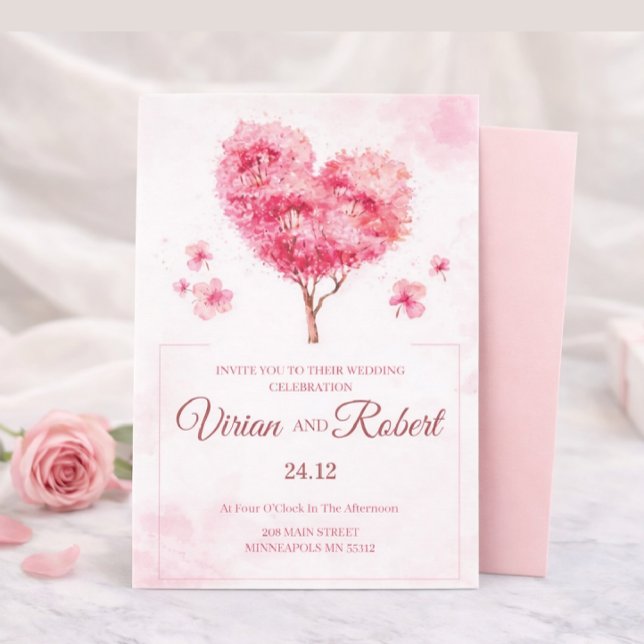 Romantic Pink Heart Tree Watercolor Wedding Invita Invitation (Creator Uploaded)
