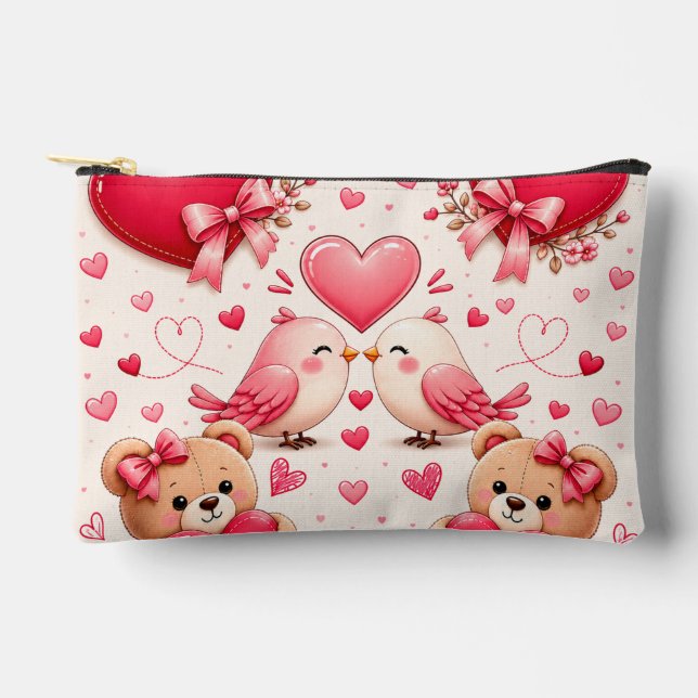 Romantic Pink Hearts and Birds Makeup Bag (Front)