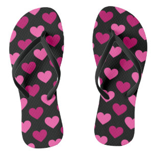 Romantic pink hearts on black pattern jandals