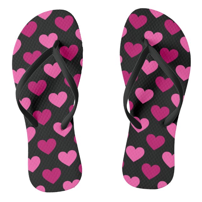Romantic pink hearts on black pattern jandals (Footbed)