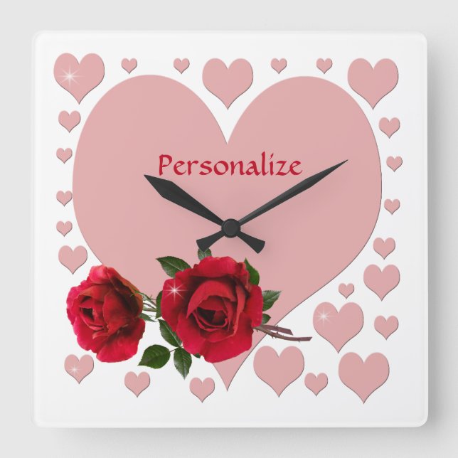 Romantic Pink Hearts & Red Roses Personalise Squar Square Wall Clock (Front)