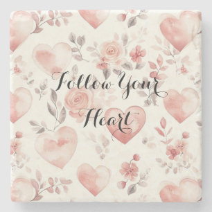 Romantic Pink Hearts Roses Floral Stone Coaster