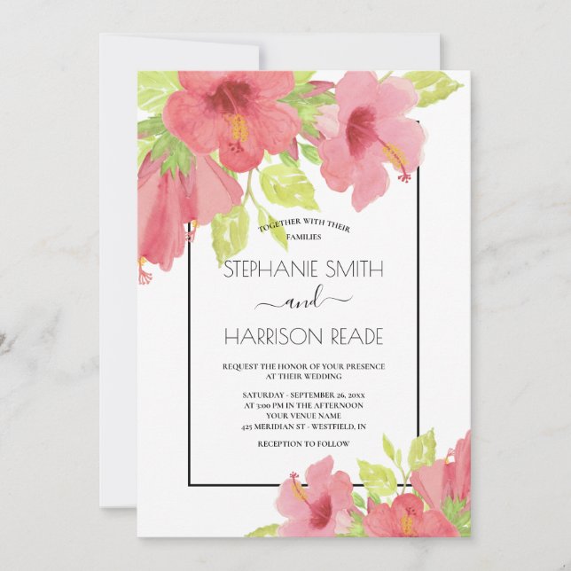 Romantic Pink Hibiscus Floral Framed Wedding Invitation (Front)