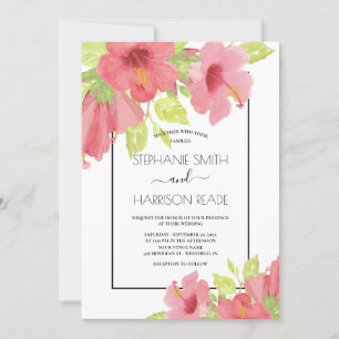 Romantic Pink Hibiscus Floral Framed Wedding Invitation