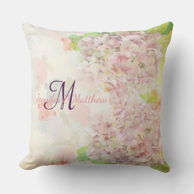 Romantic pink Hydrangea & custom monogram / text Outdoor Cushion (Front)