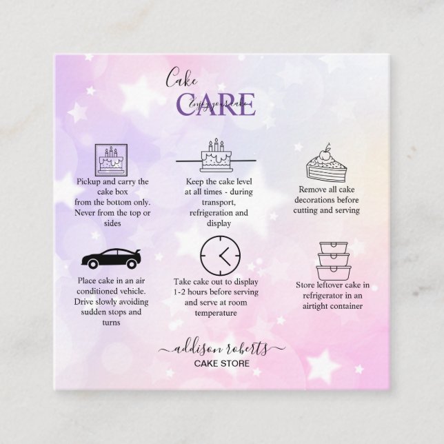 Romantic pink light effect glitter  Cake Care  Square Business Card (Front)