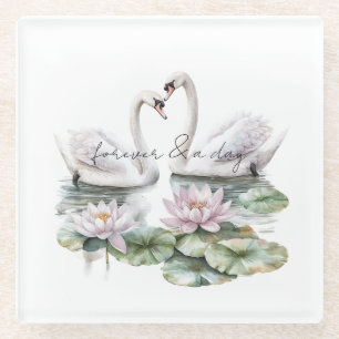 Romantic Pink Lotus Floral Swans Wedding Glass Coaster