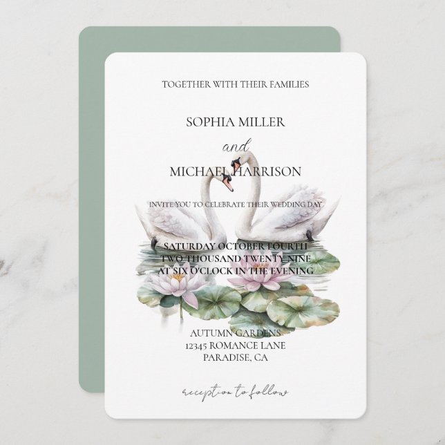 Romantic Pink Lotus Floral Swans Wedding Invitation (Front/Back)