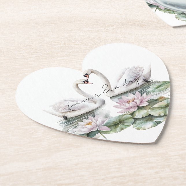 Romantic Pink Lotus Floral Swans Wedding Paper Coaster (Angled)