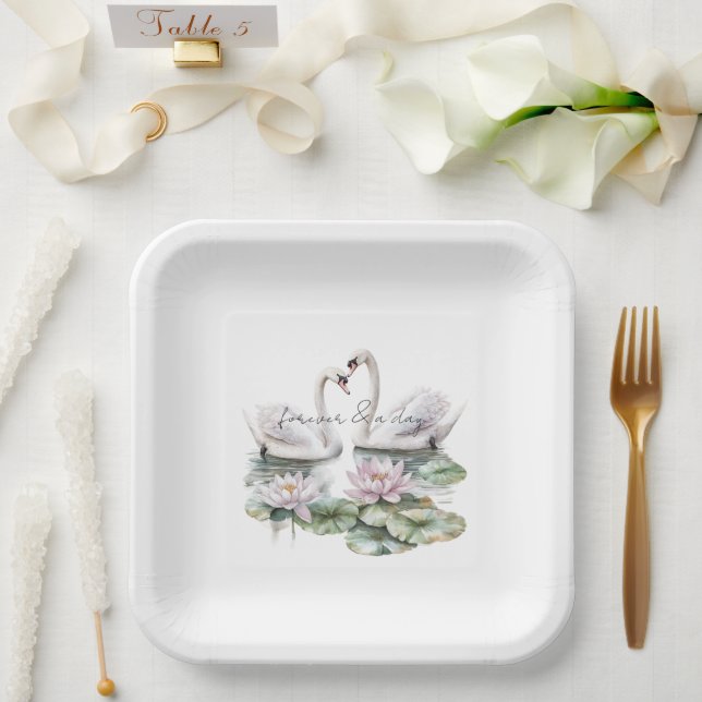 Romantic Pink Lotus Floral Swans Wedding Paper Plate (Wedding)