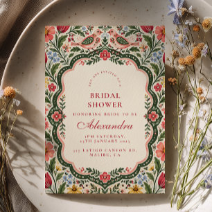 Romantic Pink Lovebirds Folk Art Bridal Shower Invitation