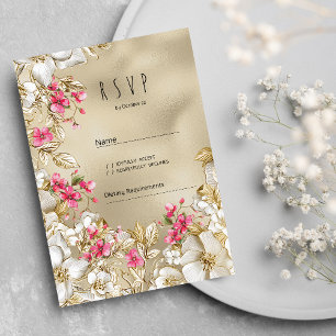 Romantic pink luxury white gold floral RSVP Invitation