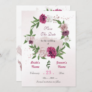 Romantic pink mauve burgundy floral wreath save the date