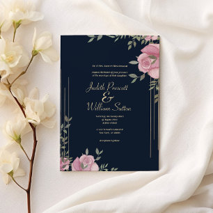 Romantic pink navy blue gold floral wedding invitation