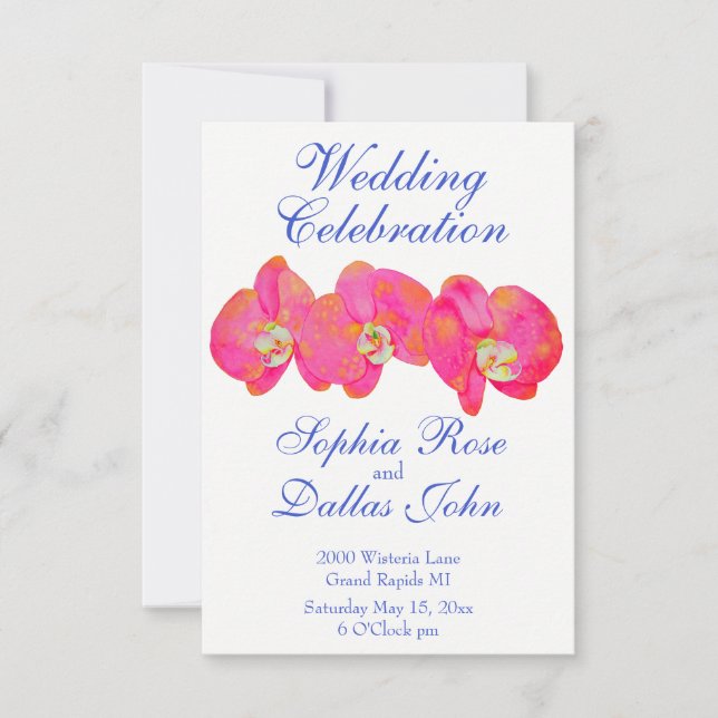 Romantic Pink Orchid watercolor painting wedding Invitation (Front)