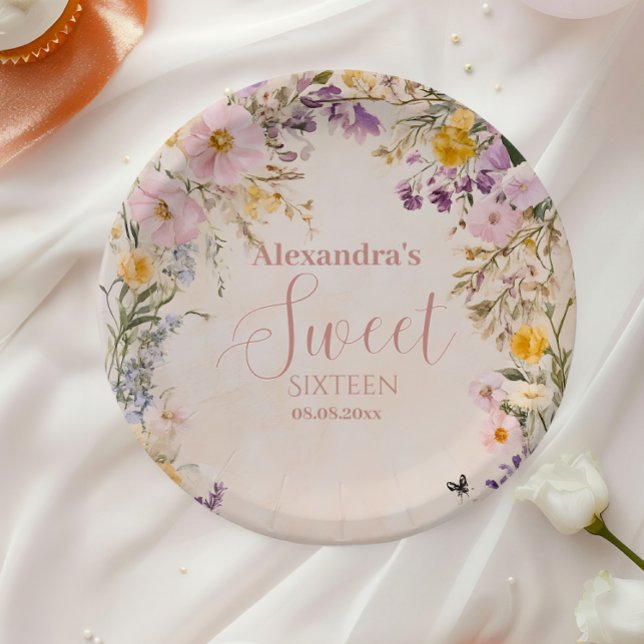 Romantic Pink Pastel Wildflowers Sweet 16 Paper Plate (Creator Uploaded)