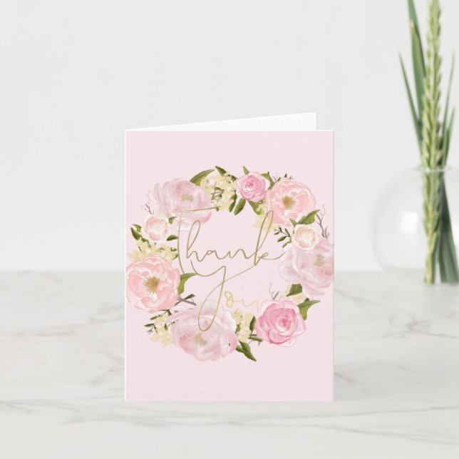 Romantic Pink Peonies Floral Gold Thank You Card (Front)