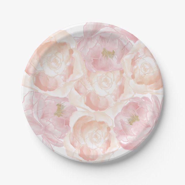 Romantic Pink Peonies Floral Paper Plate (Front)