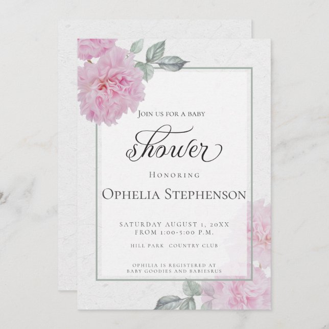 Romantic Pink Peonies Rice Paper  Baby Shower Invitation (Front/Back)