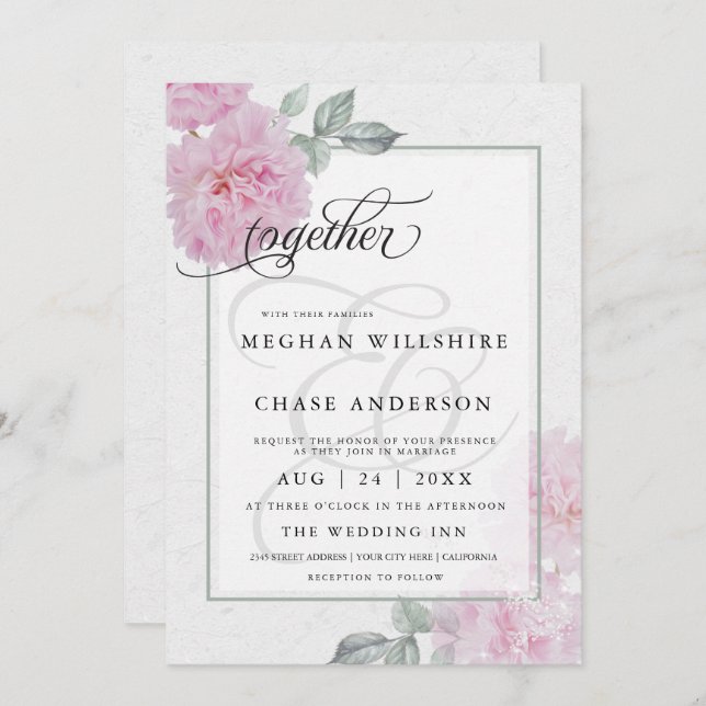 Romantic Pink Peonies Rice Paper BarefootBride™ Invitation (Front/Back)