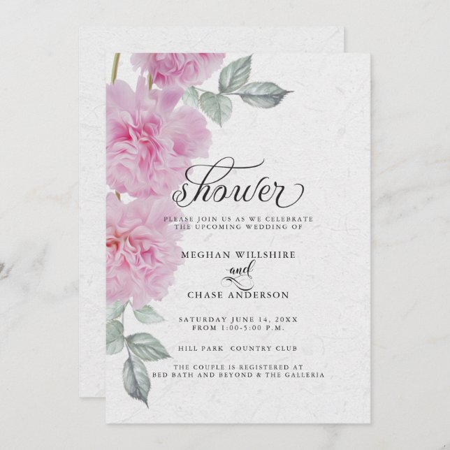 Romantic Pink Peonies Rice Paper BarefootBride™ Invitation (Front/Back)