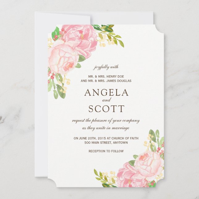 Romantic Pink Peonies Wedding Invitations (Front)