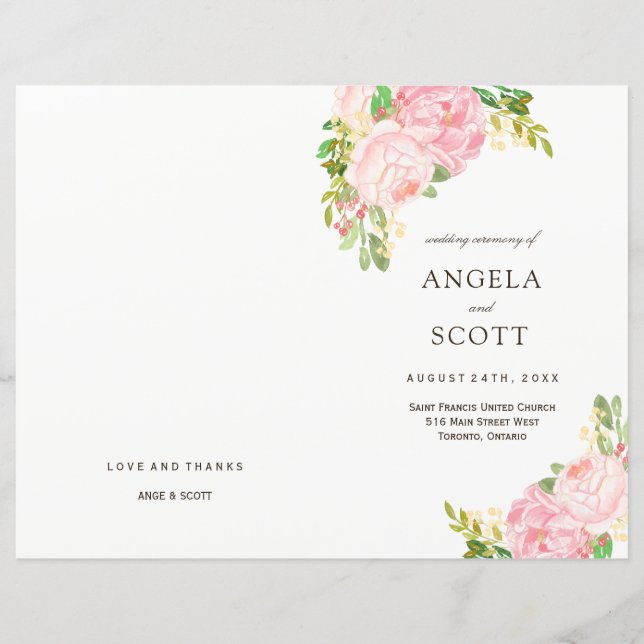 Romantic Pink Peonies Wedding Programs (Front)