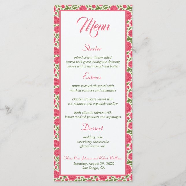Romantic Pink Peony Botanical Wedding Menu (Front)