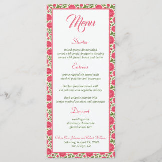 Romantic Pink Peony Botanical Wedding Menu