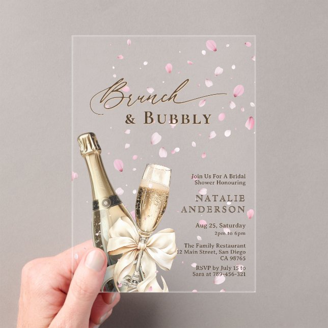 Romantic Pink Petals Bubbly Bruch Bridal Shower  Acrylic Invitations (Insitu (Handheld))