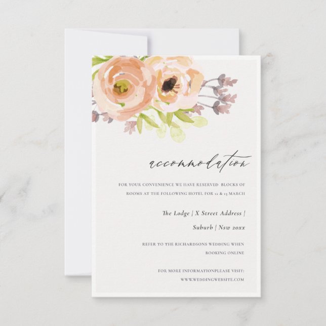 ROMANTIC PINK, PURPLE, BLUE FLORAL ACCOMMODATION INVITATION (Front)