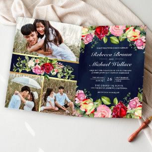 Romantic Pink Red Roses QR Code Navy Blue Wedding Invitation