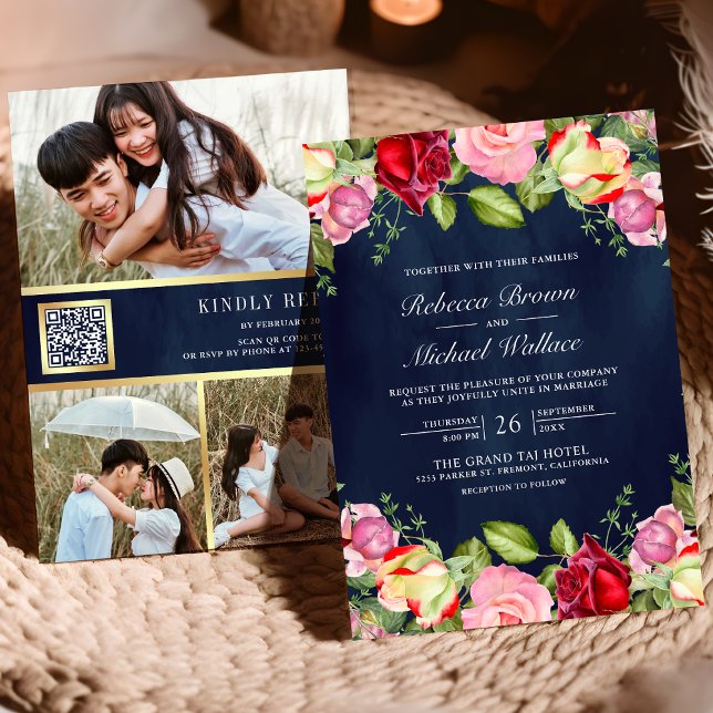 Romantic Pink Red Roses QR Code Navy Blue Wedding Invitation (Creator Uploaded)