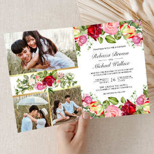 Romantic Pink Red Roses QR Code Wedding Invitation