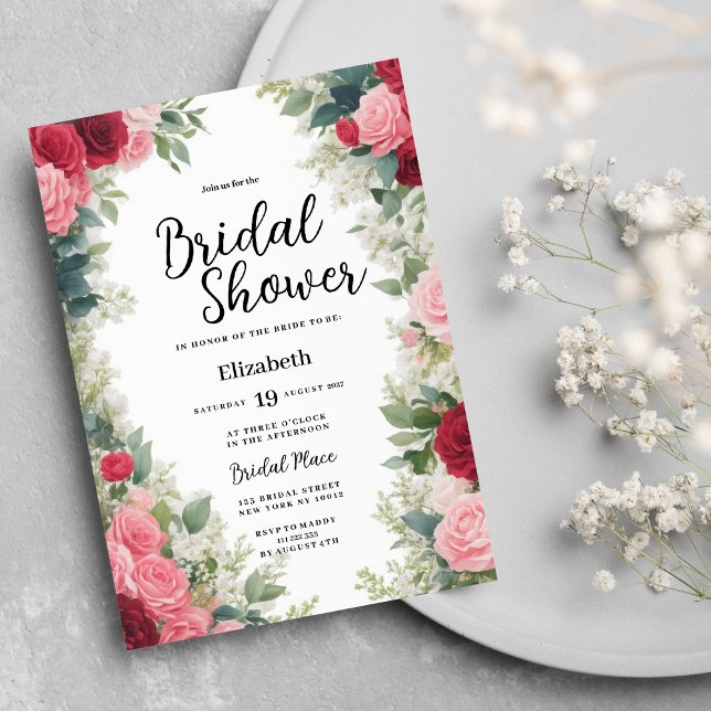 Romantic pink red white mint floral Bridal Shower Invitation (Romantic pink red white mint roses Bridal Shower )