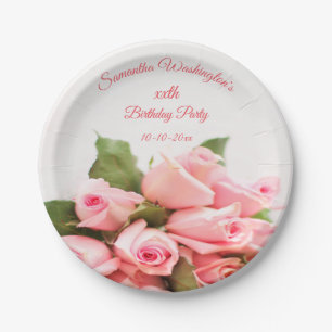 Romantic Pink Rose Bouquet Birthday Paper Plate