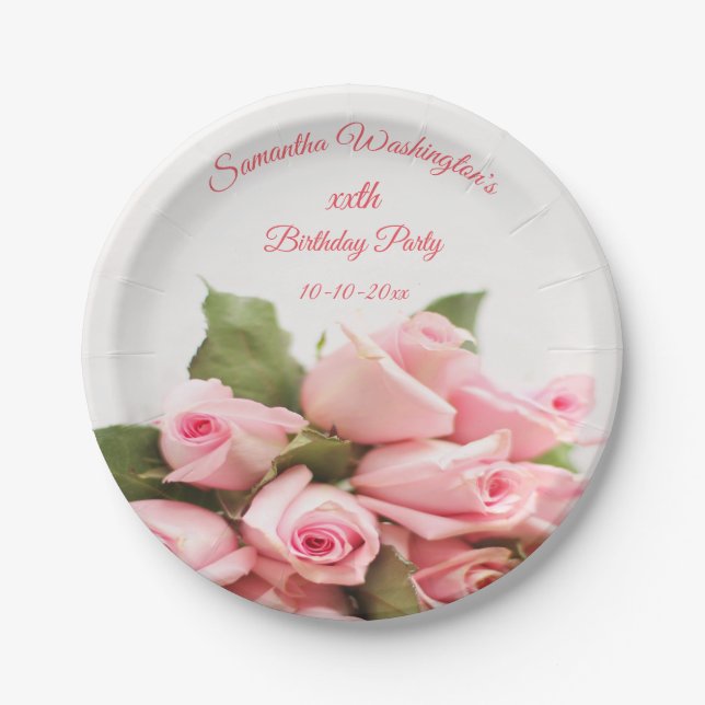 Romantic Pink Rose Bouquet  Birthday Paper Plate (Front)