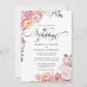 Romantic Pink Rose Calligraphy Floral Wedding Invitation
