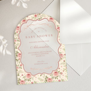 Romantic Pink Rose Cottage Garden Baby Shower Acrylic Invitations