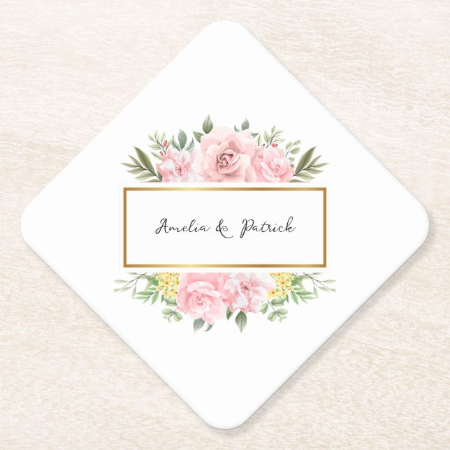 Romantic Pink Rose Floral Custom Disposable Paper Coaster (Front)