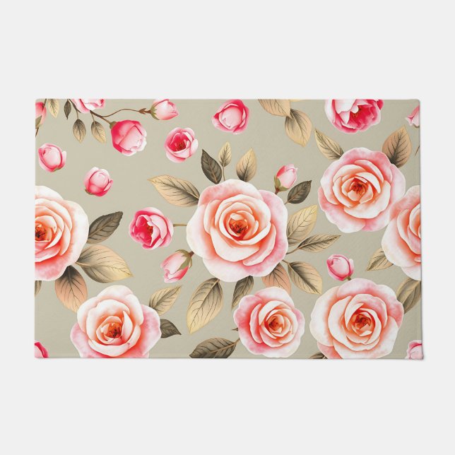 Romantic Pink Rose Floral Pattern Doormat (Front)