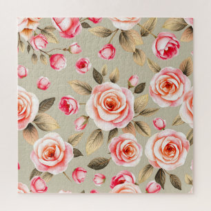 Romantic Pink Rose Floral Pattern Jigsaw Puzzle