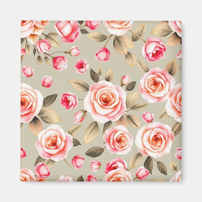Romantic Pink Rose Floral Pattern Magnet (Front)