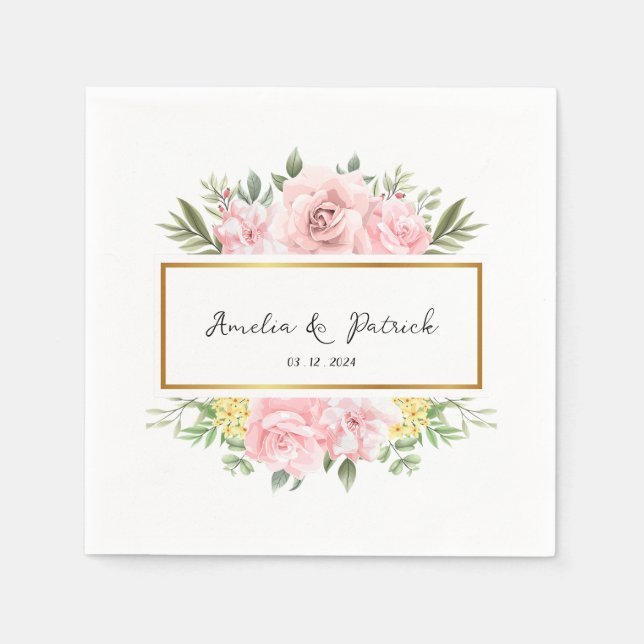 Romantic Pink Rose Floral Personalised Party Paper Napkin (Front)