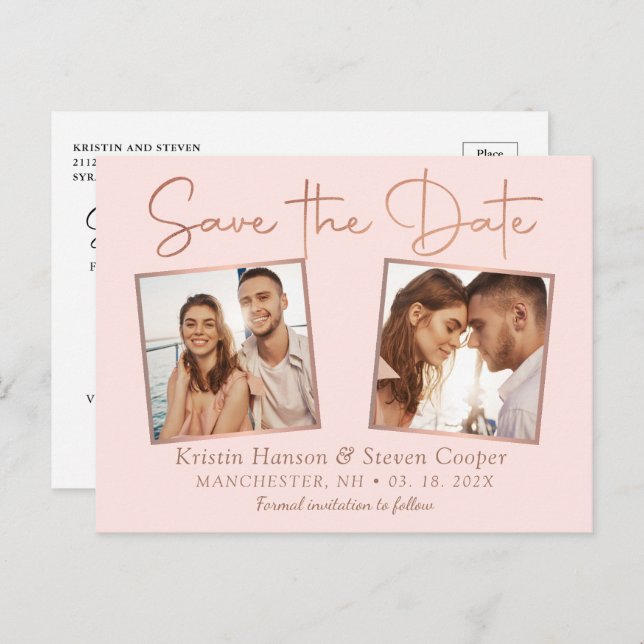 Romantic Pink Rose Gold 2 Photo Save The Date Postcard (Front/Back)